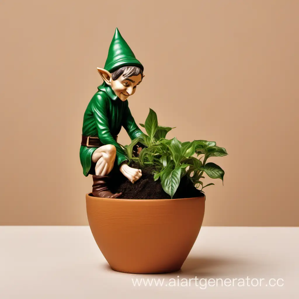 plant pot with small elf taking care of it