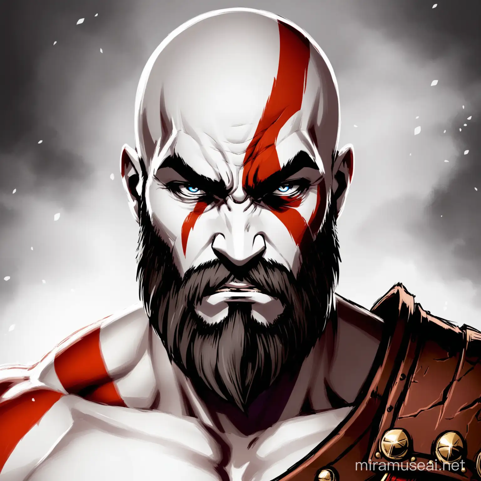 A frontal picture of Kratos from God of War Ragnorok looking at the camera