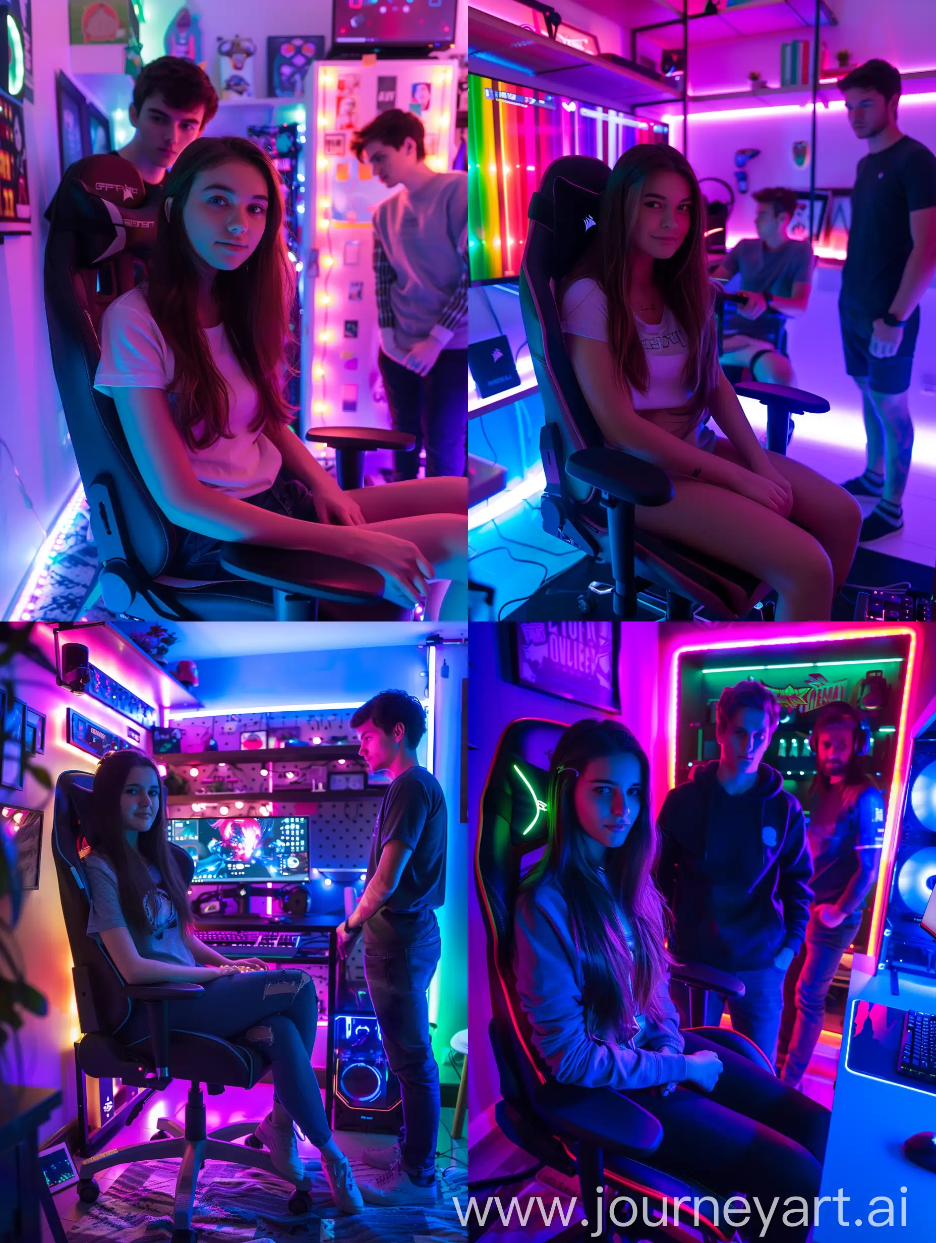 a 26 girl sitting on a gaming chair, in her room that has RGB lights, looking to the camera(viewport), she's playing, has a long brown hair, and her boyfriend standing next to her and looking to the camera(viewport)