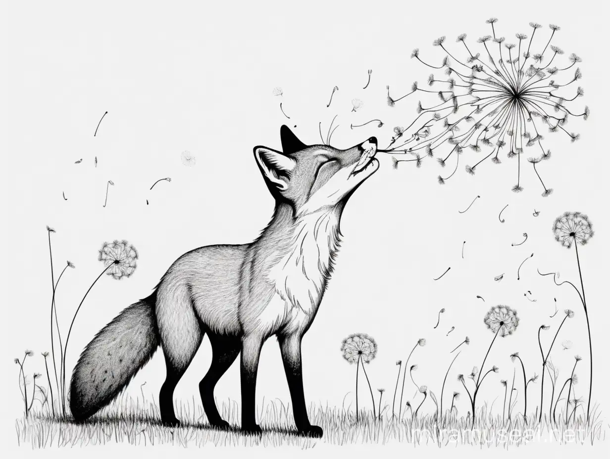 Fox Blowing Dandelion in Graceful Line Drawing