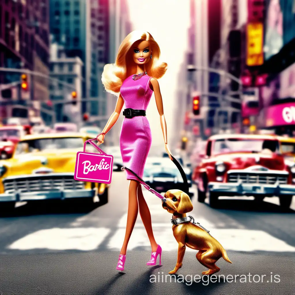 Barbie holding small dog with leash sexy dress walking New York city traffic lights cars advertisement boards people walking