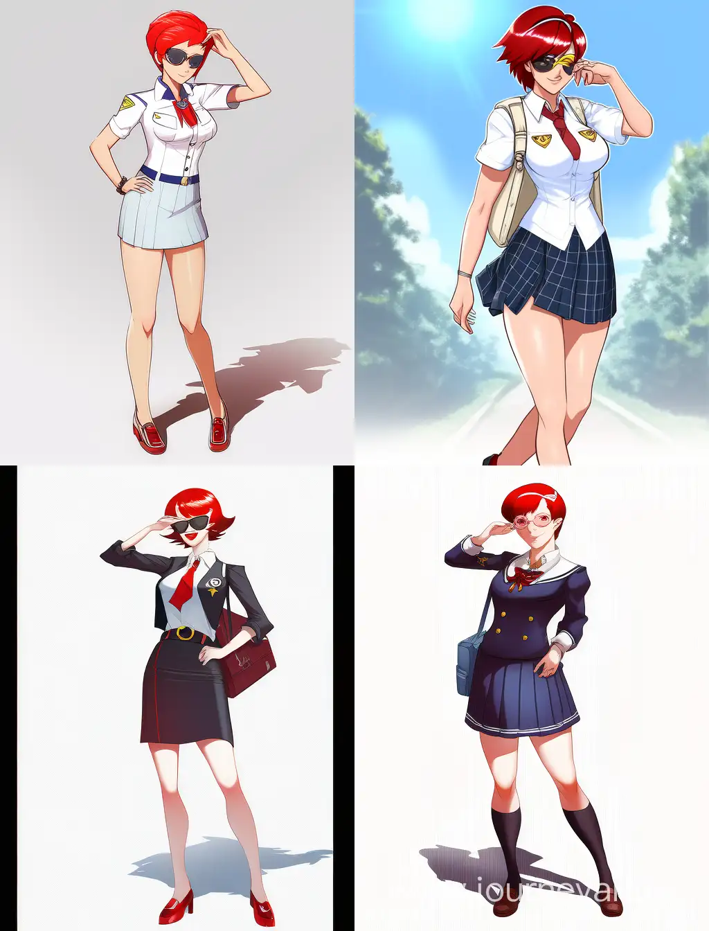 Full body of A very beautiful and attractive girl with short red hair, smiling and lips with red in them, and wearing the uniform of private preparatory schools in Japan. IncrsXLDealWithIt. and wears sunglasses cool. Full body. 