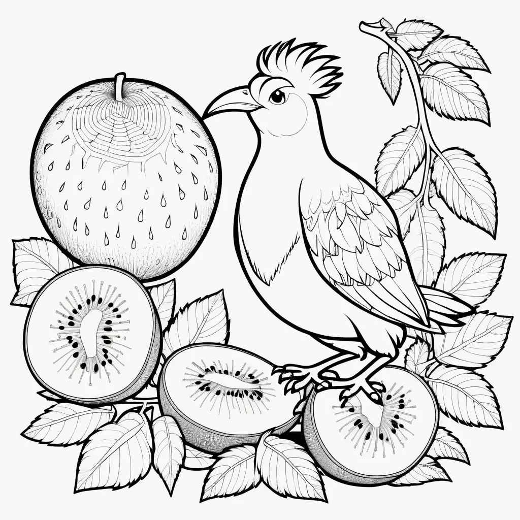 Kiwifruit and Kiwibird Vibrant Illustration for Coloring Book Fun