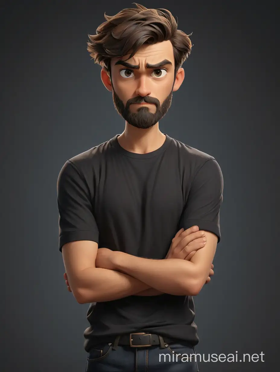 A thin boy in cartoon style, A skeptical look, medium beard, brunet, haircut in the British style, Wearing a black T-shirt without inscriptions, Arms crossed on the chest, dark jeans, half-body shot, offended pose, in full growth, maximum detail, best quality, HD, gorgeous light and shadow, detailed design, 3D quality