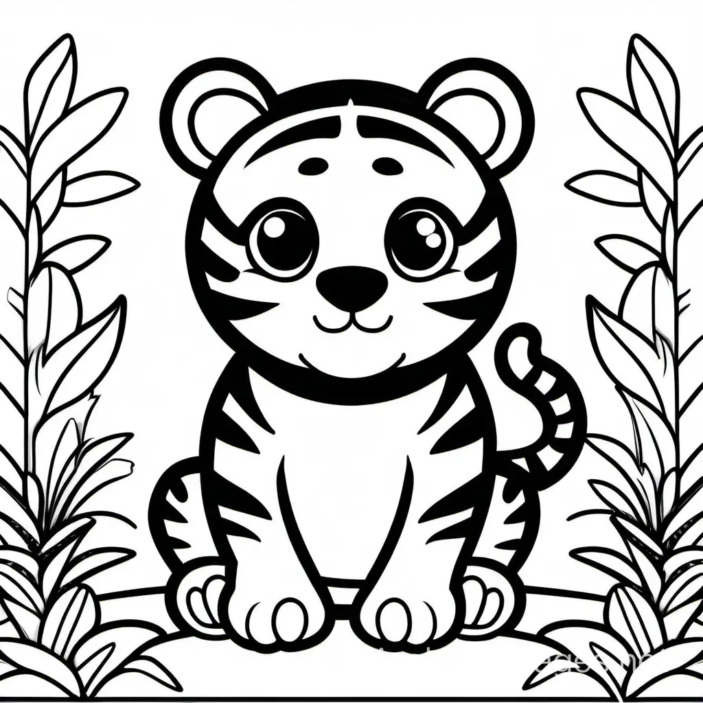 cute tiger, Coloring Page, black and white, line art, white background, Simplicity, Ample White Space. The background of the coloring page is plain white to make it easy for young children to color within the lines. The outlines of all the subjects are easy to distinguish, making it simple for kids to color without too much difficulty