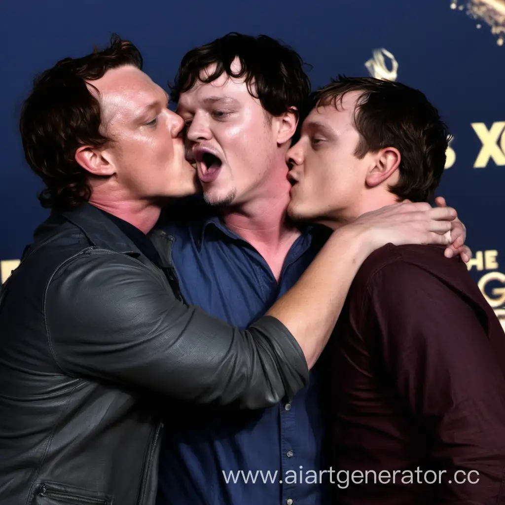 Theon Greyjoy and Matthew Lillard kiss Josh Hutcherson on the cheek while he whistle, putting his arms behind his head.