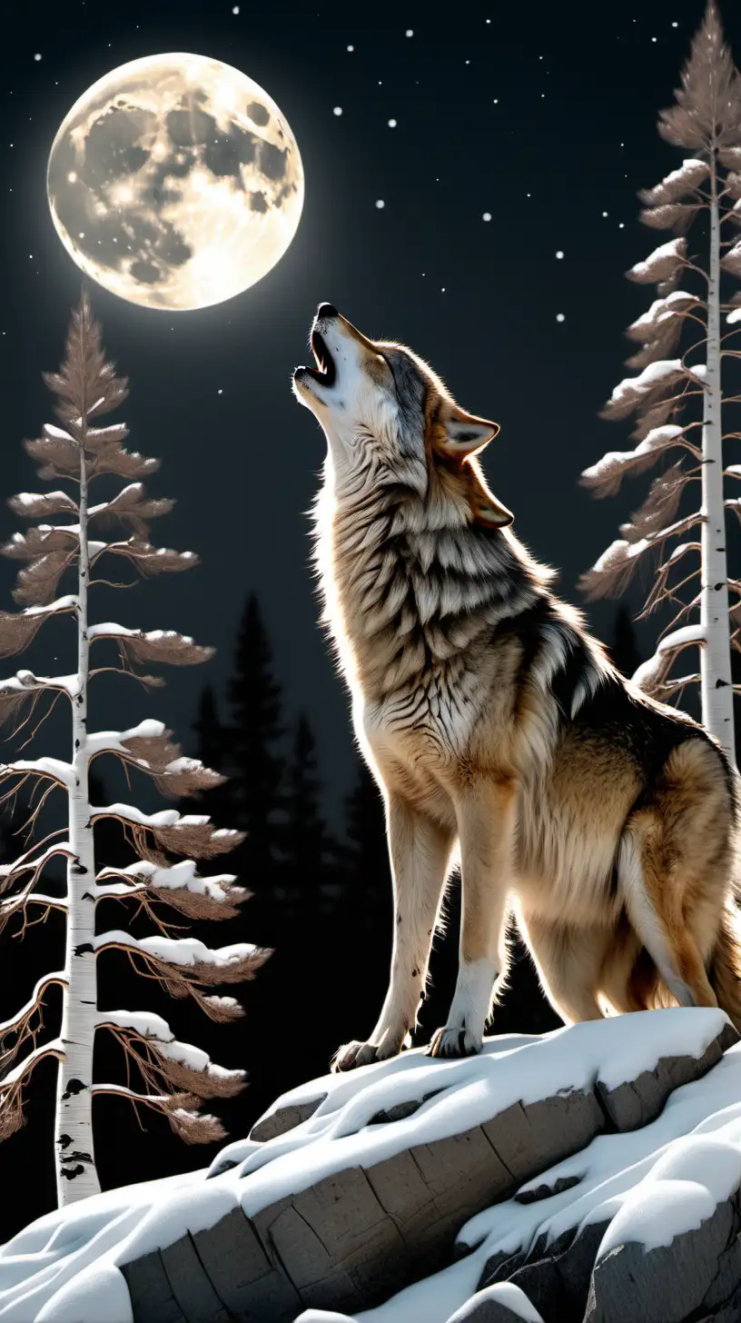 Lone Wolf Howling at Moon on Snowy Cliff Amidst Pine and Birch Trees