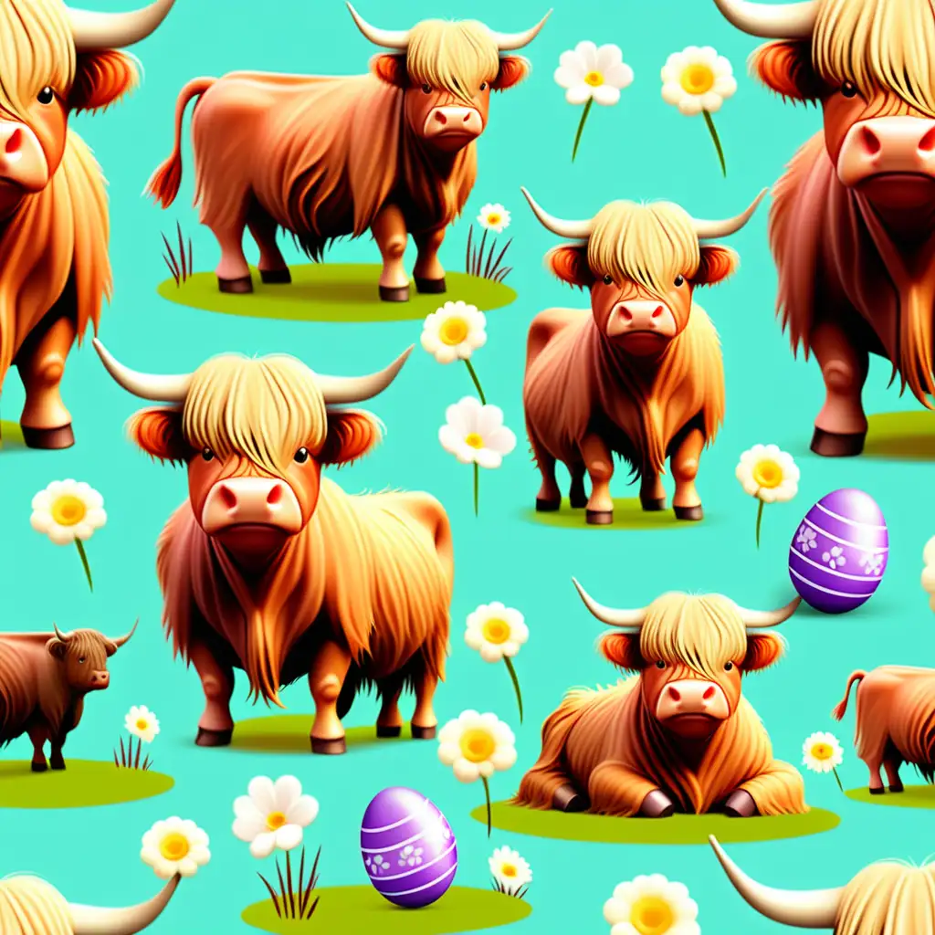 Seamless Highland Cow Easter Tile Pattern