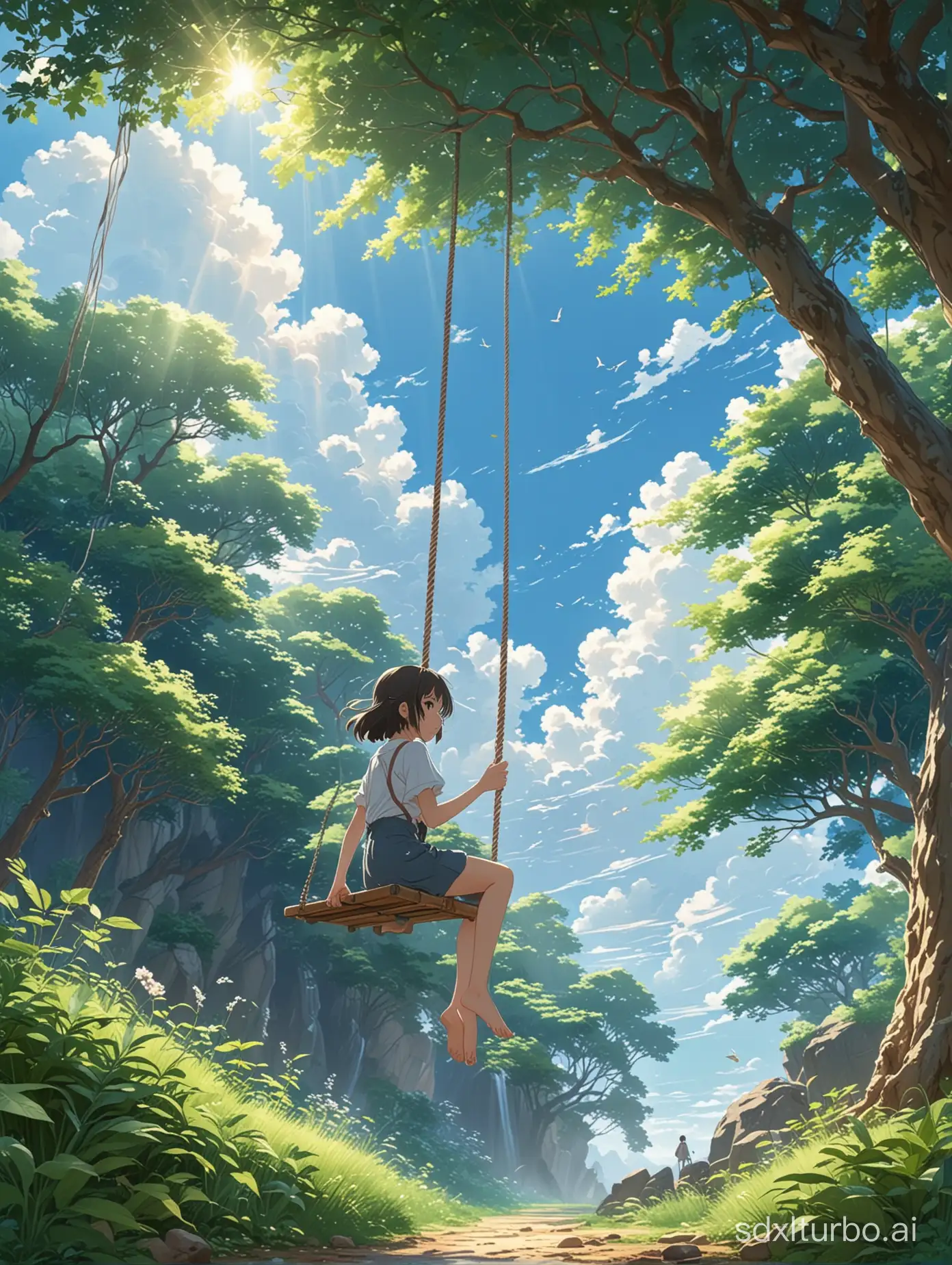 A serene Makoto Shinkai-inspired anime scene, featuring a young girl sitting on a wooden swing, suspended from a large tree with lush green leaves. The sky is a clear blue, adorned with fluffy white clouds. The ground beneath her is rocky and uneven, blending harmoniously with the natural setting. Sunlight filters through the leaves, casting a dappled light on the ground, creating a sense of tranquility and harmony with nature.vivid