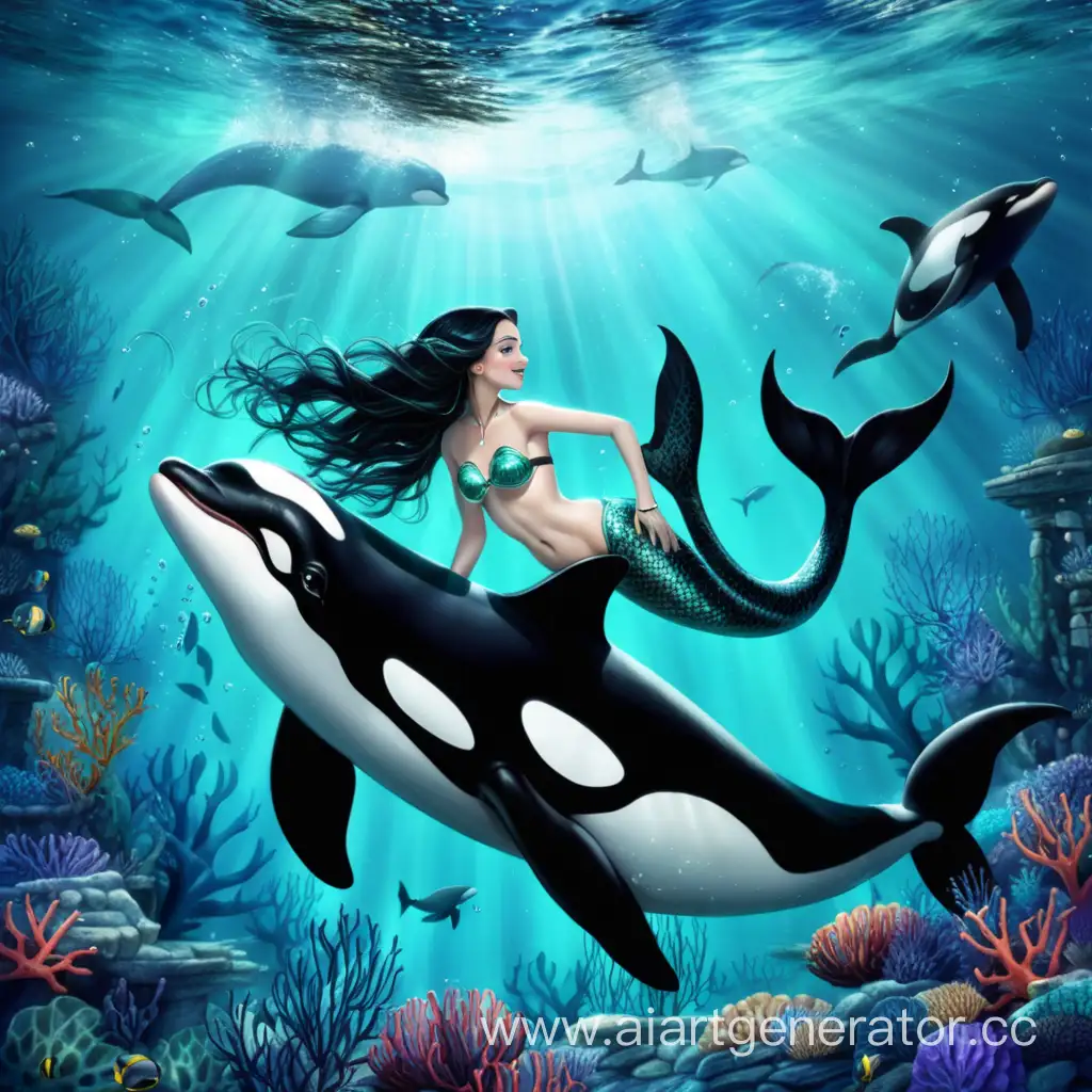 one mermaid and killer whale swimming