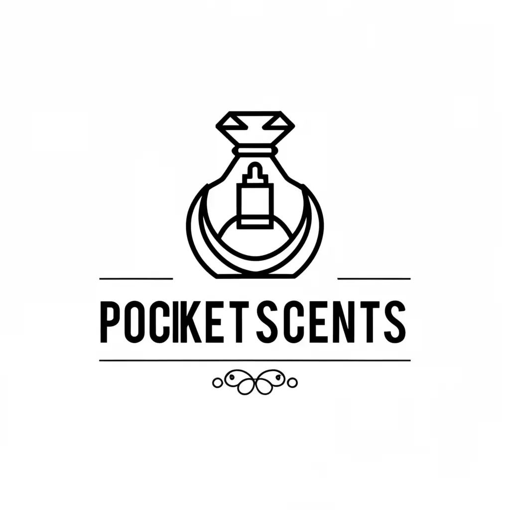a logo design,with the text "Pocket Scents", main symbol:The logo features the text "PocketScents" in a modern and stylish font.
Below the text, there's an abstract depiction of a pocket with a miniature fragrance bottle inside. The bottle could be represented by a simple outline or silhouette to maintain clarity and scalability.,Moderate,clear background