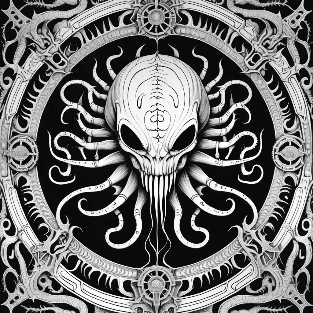 Coloring book image. Black and white only. Symmetrical and balanced mandala with disgusting slimy, dripping eldrich abomination in style of H.R Giger. Clean and clear outlines that allow for easy coloring. Ensure the design provides ample space for creativity and coloring.