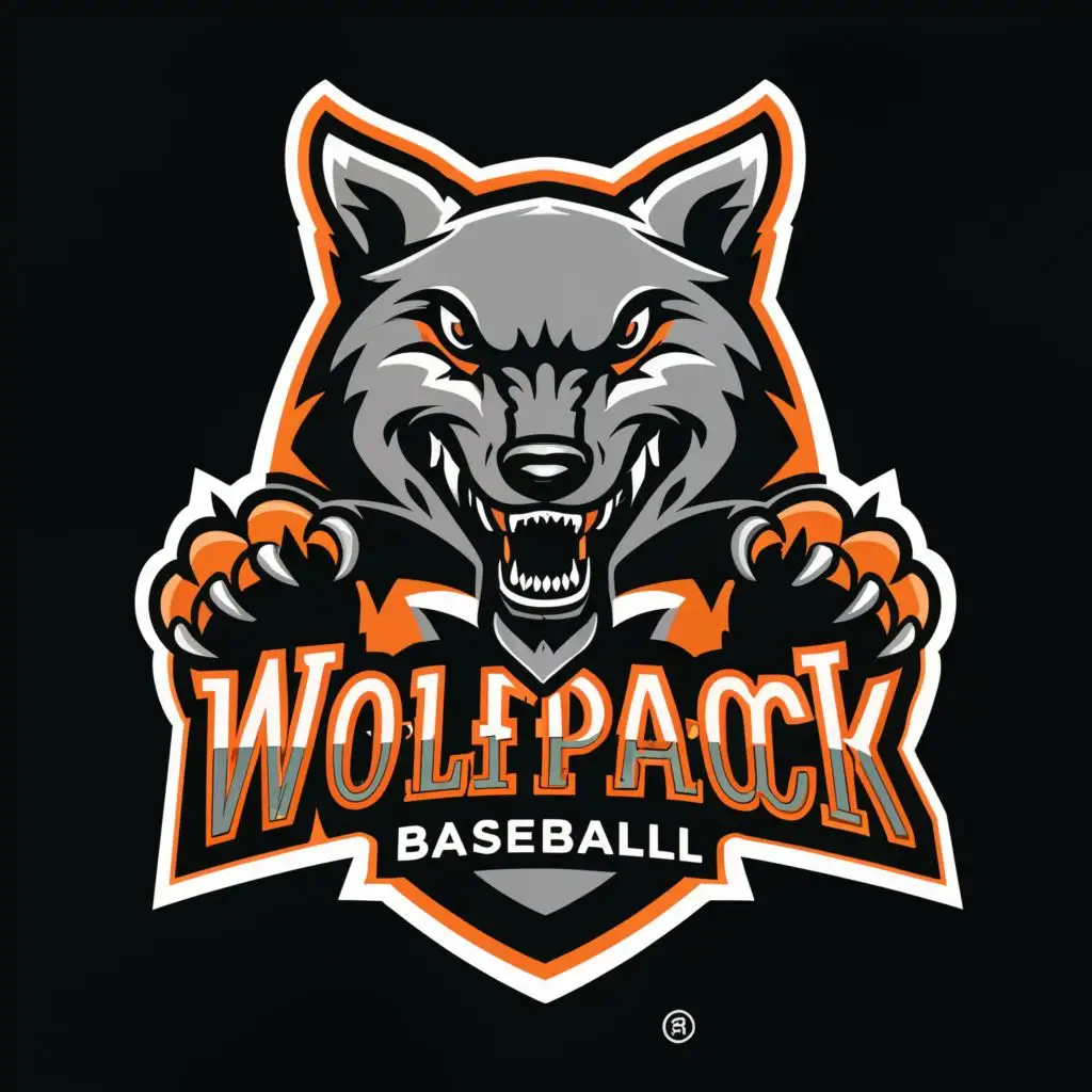 a logo design,with the text "Wolfpack Baseball", main symbol:Black, gray and bright orange,complex,be used in Sports Fitness industry,clear background