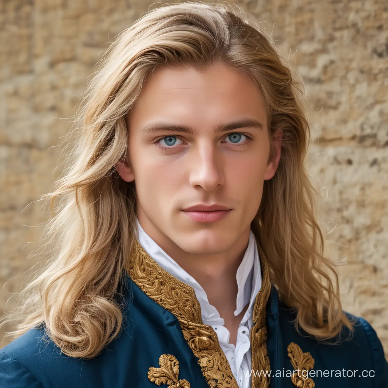 Красивый молодой человек 23 лет. Длинные светлые волосы, яркие голубые глаза, красивые губы. Одет в одежду английского лорда 19 века