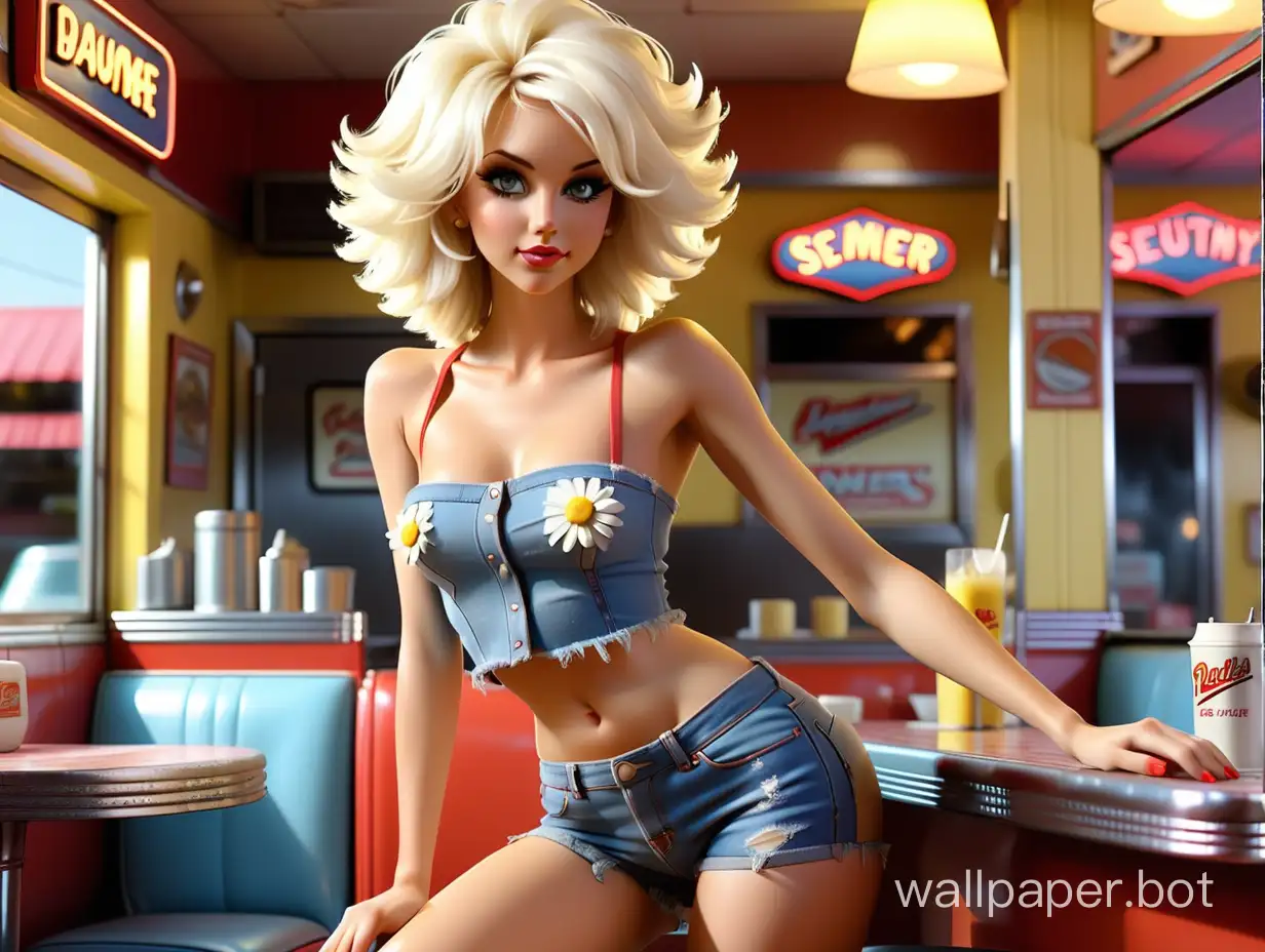 The setting is a traditional American diner. In the diner is a beautiful shaggy-haired platinum blonde woman wearing a tube top and tight Daisy Duke denim shorts. Her shapely long legs are crossed seductively. Extremely detailed features, sharp image.