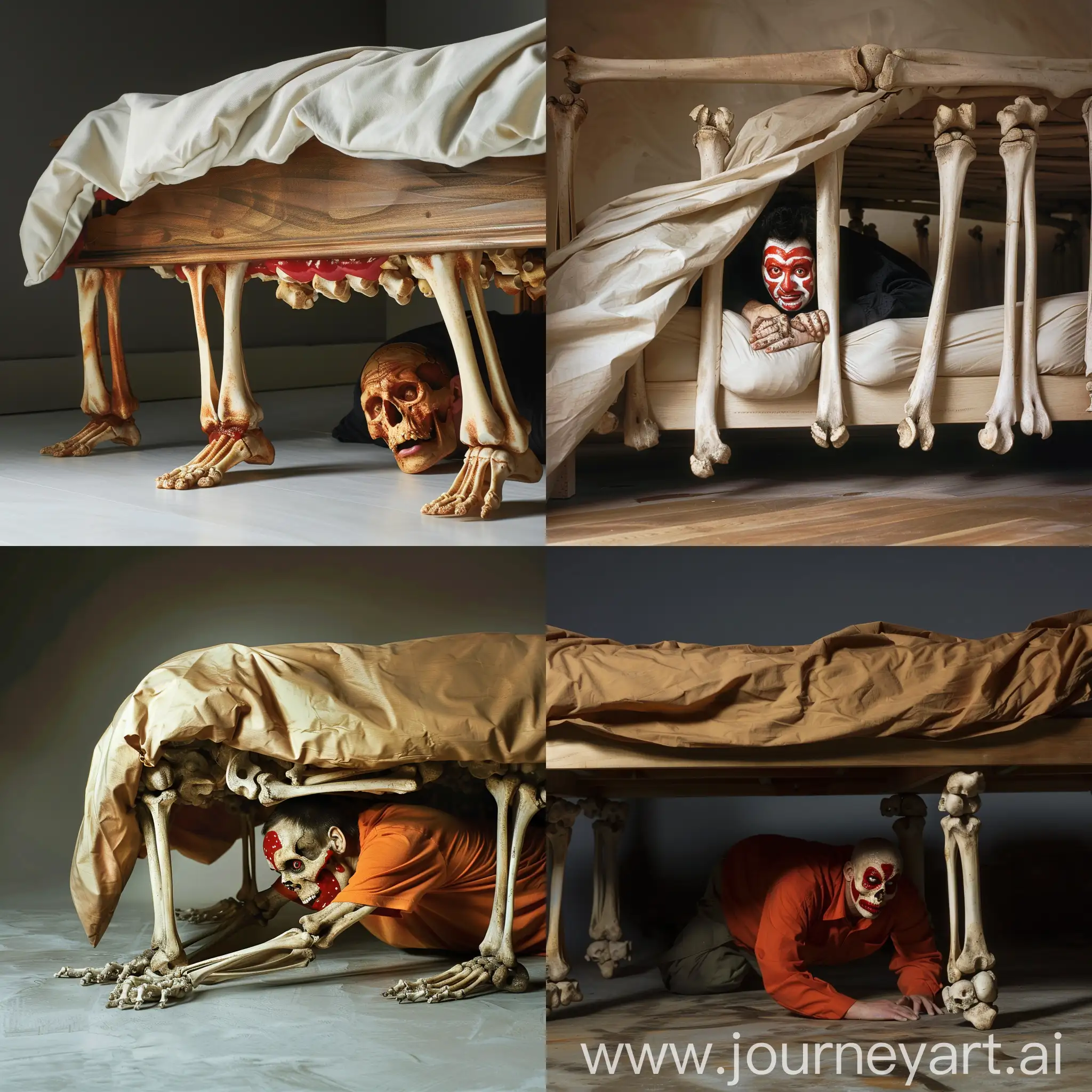 Fearless-Man-Crawling-under-Bone-Bed-in-Surreal-Scene