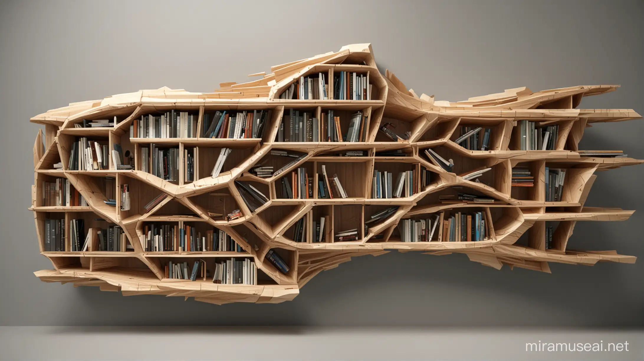 bookshelve, wood paramtric bionic futuristic design, no straight lines, no right corners