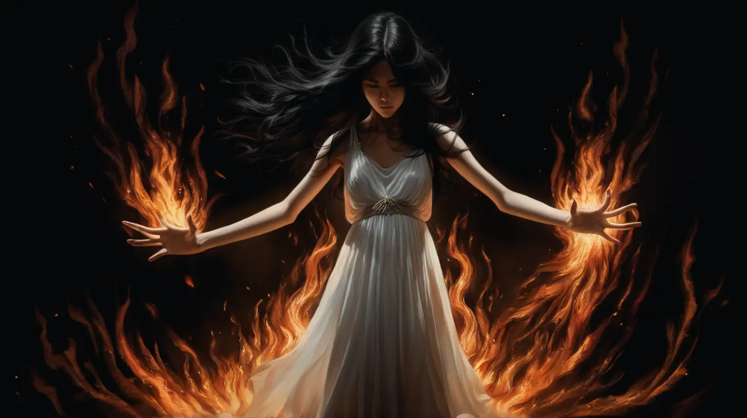 a woman in a white dress with flowing black hair stands in darkness. her hands are spread out in front of her and flames are erupting from her hands. 
