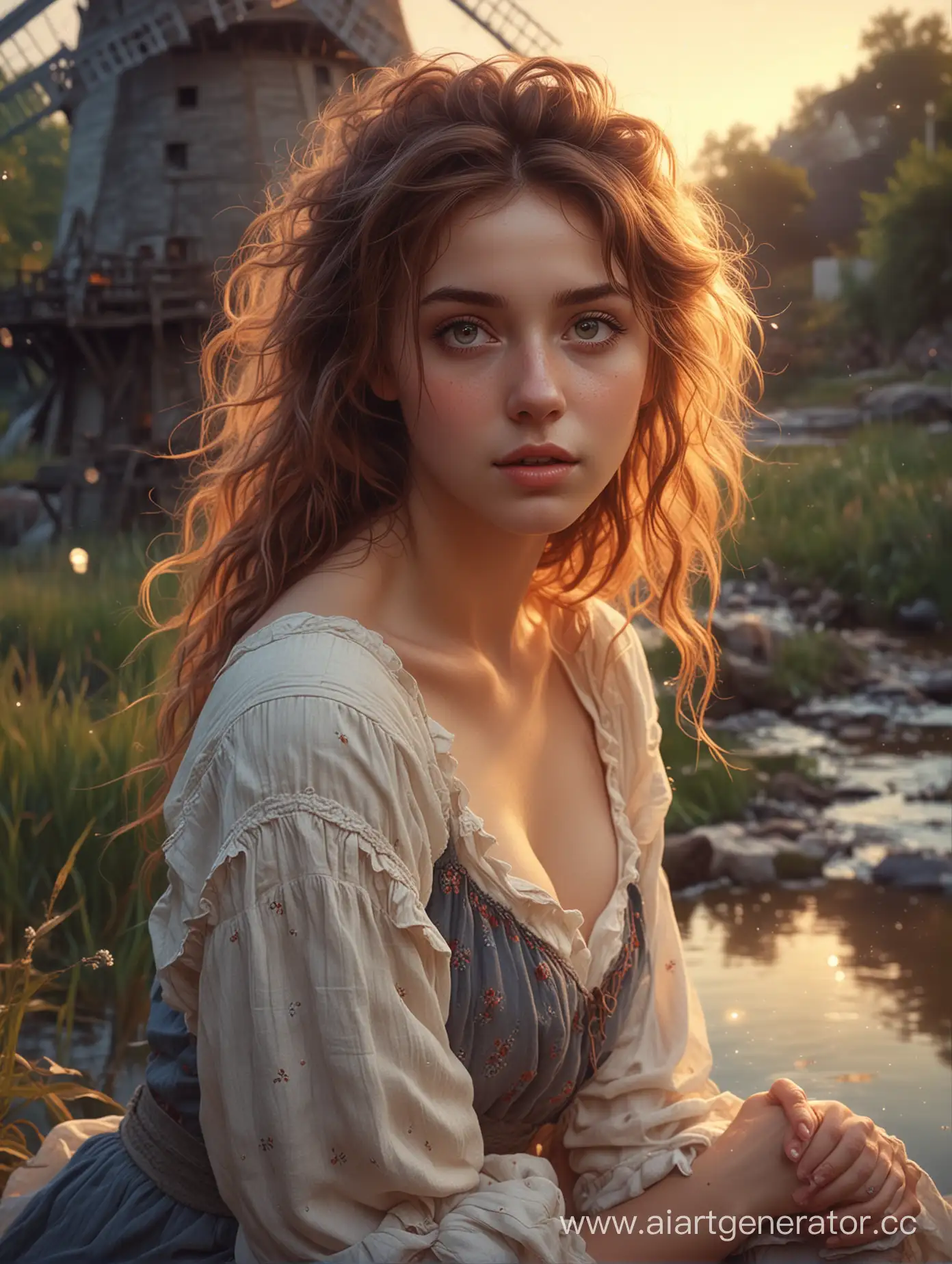 gorgeous peasant girl with ultra detailed delicate face, big expressive eyes, gorgeous messy hair, raggedy clothing open at the breast letting her big breast out of the clothes, sitting next to a stream, old windmill background, twilight, hauntingly beautiful, sparkle particles, soft glow, Anna Dittmann, fantasy art, hyperrealism, astral, ethereal, wlop