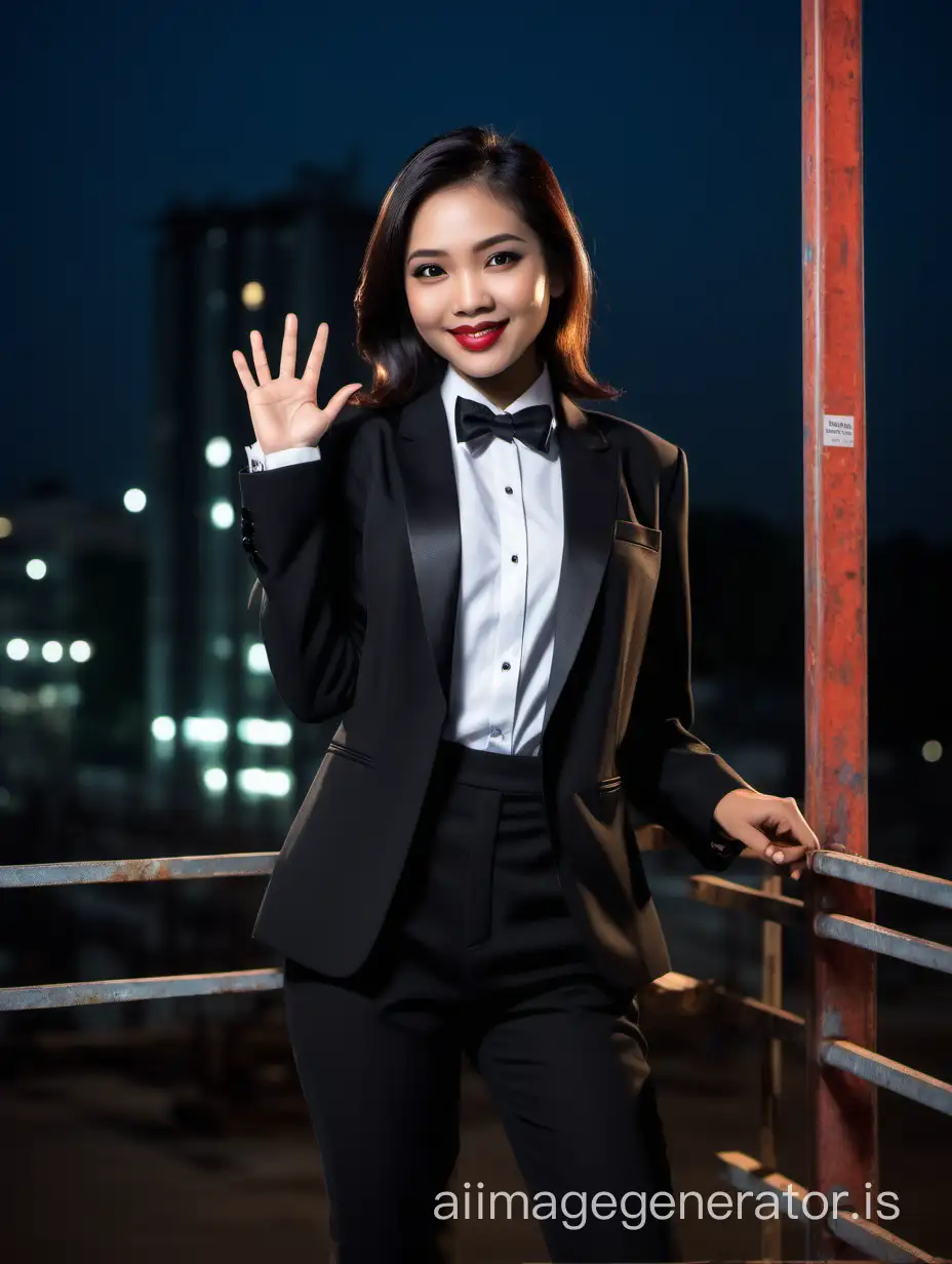 It is night. A cute and sophisticated and confident and smiling Indonesian woman with shoulder-length hair and lipstick. She is facing you while walking toward the edge of a scaffold. She is wearing a black tuxedo with an open black jacket. Her shirt is white. Her bowtie is black. Her cummerbund is black. Her pants are black. Her cufflinks are black. She is relaxed. Her jacket is open. She is waving at you.