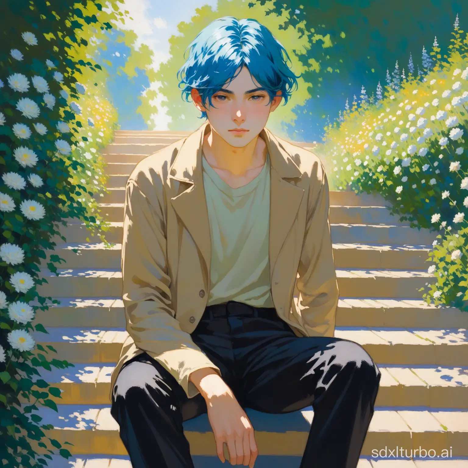 Young adult (early 20s) in beige shirt and black pants wearing a Halston Frowick coat, long blue hair, with disoriented expression on his face, sitting on some stairs surrounded by flowers (good anatomy). Colorful gouache on paper. Impressionism. By Claude Monet.https://historia-arte.com/artistas/claude-monet. Slight blur, skin glow, cool blue and green colored background. Cool natural light from upper right creates dark shadow. Choppy shot, cowboy shot. Beautiful, serene, peaceful.
