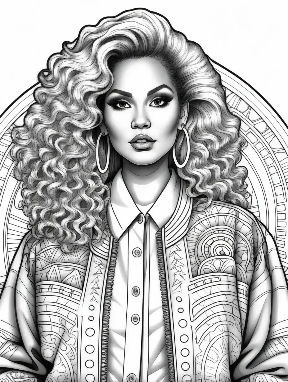 adult coloring book, cartoon drawing, clean black and white, single line, white background, mandala in the shape of woman, extremely oversized wide and boxy 1980s shoulder pads, long mandala print jacket, long crimped 1980s hair, heavy makeup, huge hoop earrings, mandala background