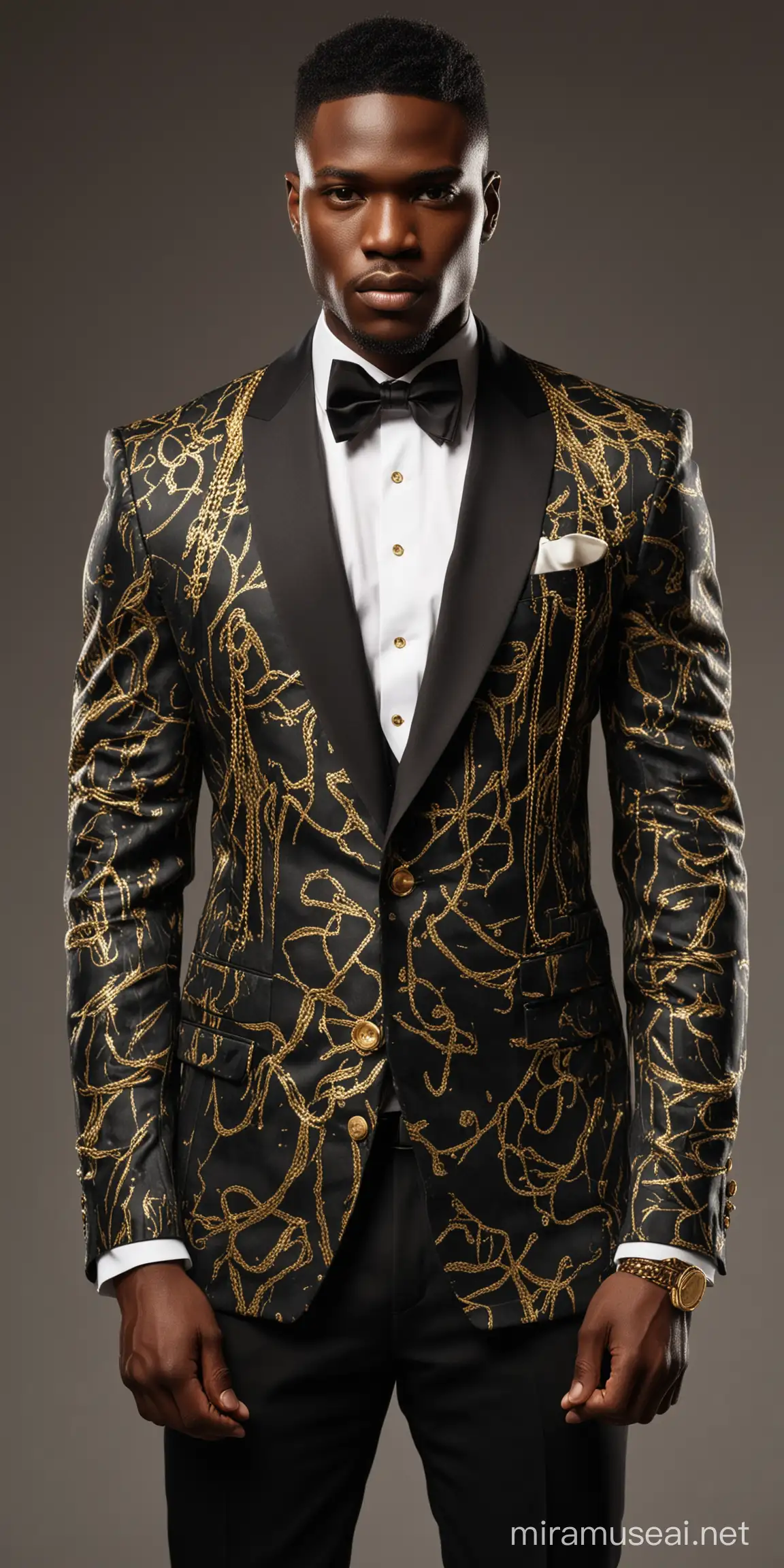 An African male model wearing a tuxedo made with camouflage design. There are gold chains and gold buttons designed on the tuxedo. The model walks Gracefully on a runway. Cinematic lighting, hyperealistic photo shoot