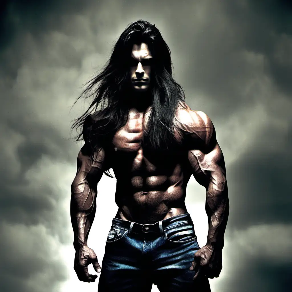 Handsome Grunge Bodybuilder with Long Dark Hair