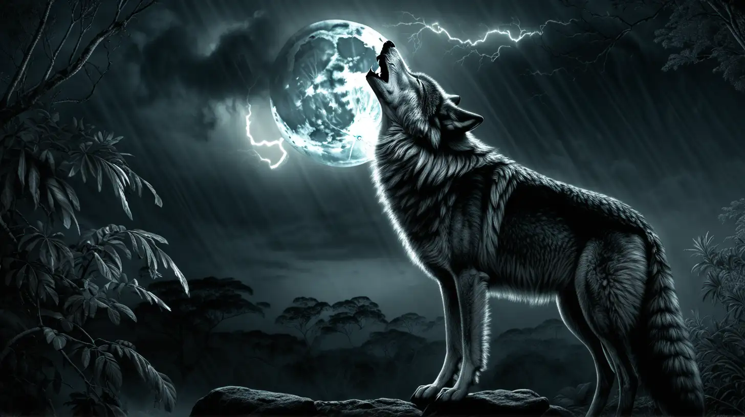 wolf howling at the moon, Dark, gloomy, lightning strikes in the background, harsh jungle, chiaroscuro enhancing the intricate details, in a digital Rendering “v6”