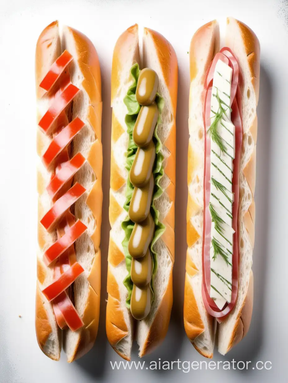 Spanish bocadillo baguette on a white background top view vertically