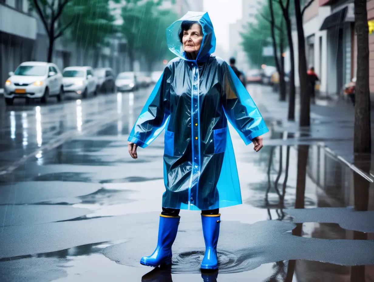 Ältere schwarzhaarige Frau mit durchsichtigem blauen Plastik Regenmantel und transparenten Gummistiefeln. Im Regen. In der Stadt.