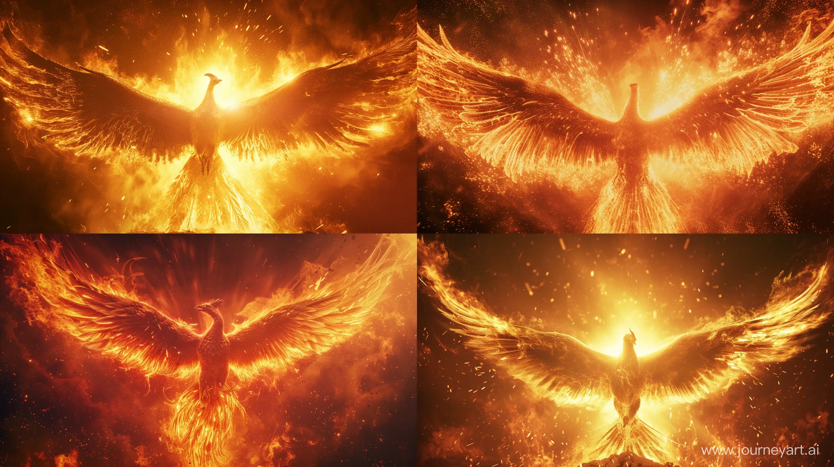 Glorious Phoenix rising from the ashes, wings ablaze with the fire of transformation, evoking a sense of awe and wonder, 8k, towards the camera, majestic, --ar 16:9 --q 2