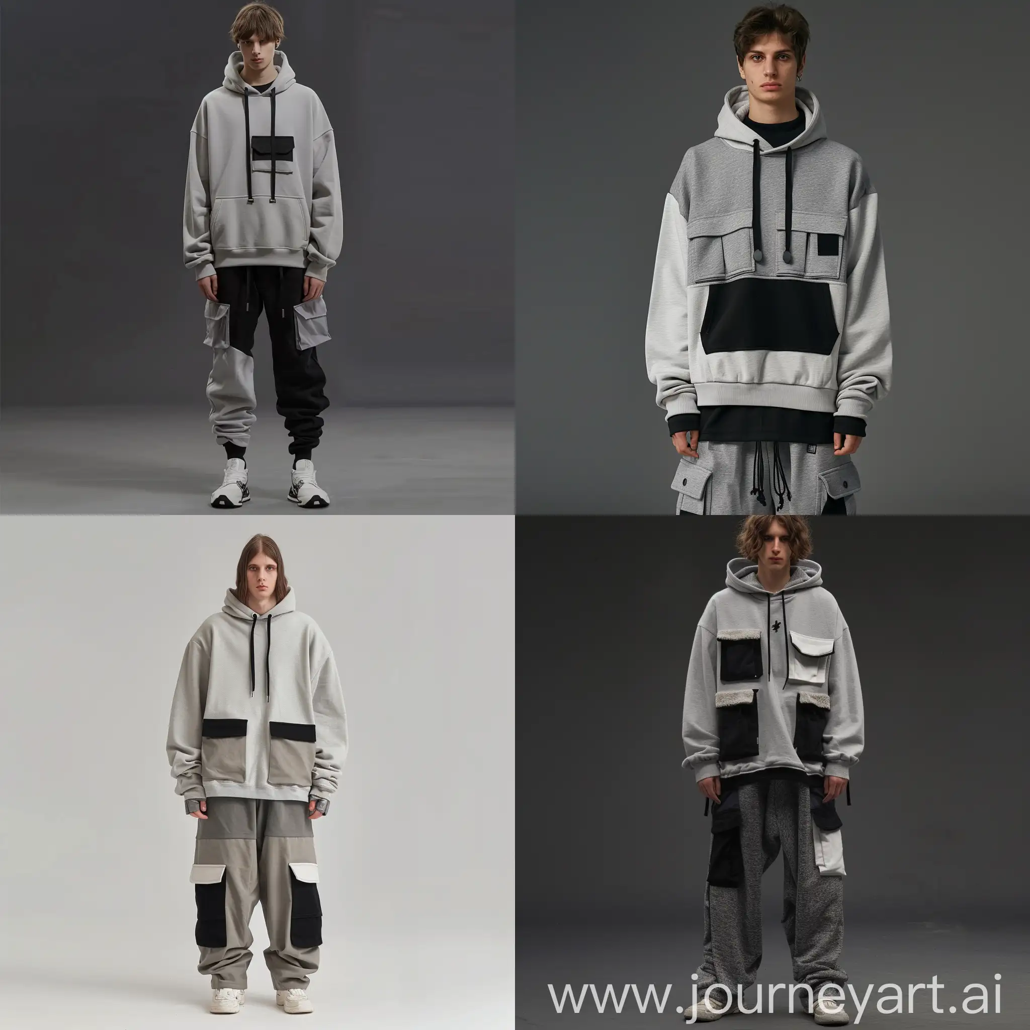 Imagine a male model wearing a comfy big hoody with lot of pockets and comfy pants with 2 colors grey and black