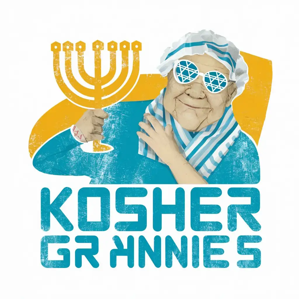 logo, Israel, yellow, blue, white, Jewish granny with david star sunglasses Israeli headscarves, 7 branches Menorah, Paul Klee, with the text "Kosher Grannies", typography, be used in Automotive industry