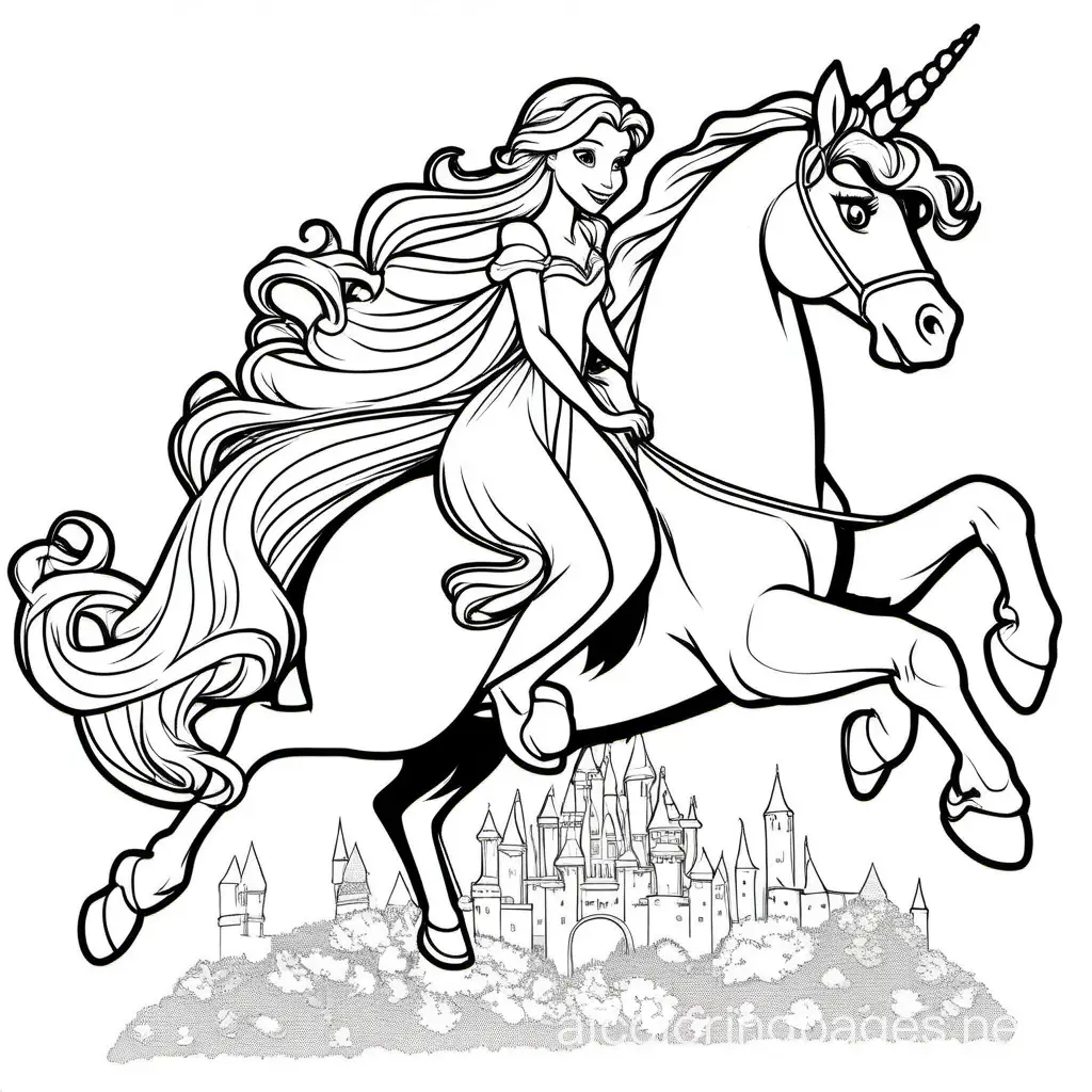 Belle and Rapunzel Riding a Unicorn with no background, Coloring Page, black and white, line art, white background, Simplicity, Ample White Space. The background of the coloring page is plain white to make it easy for young children to color within the lines. The outlines of all the subjects are easy to distinguish, making it simple for kids to color without too much difficulty