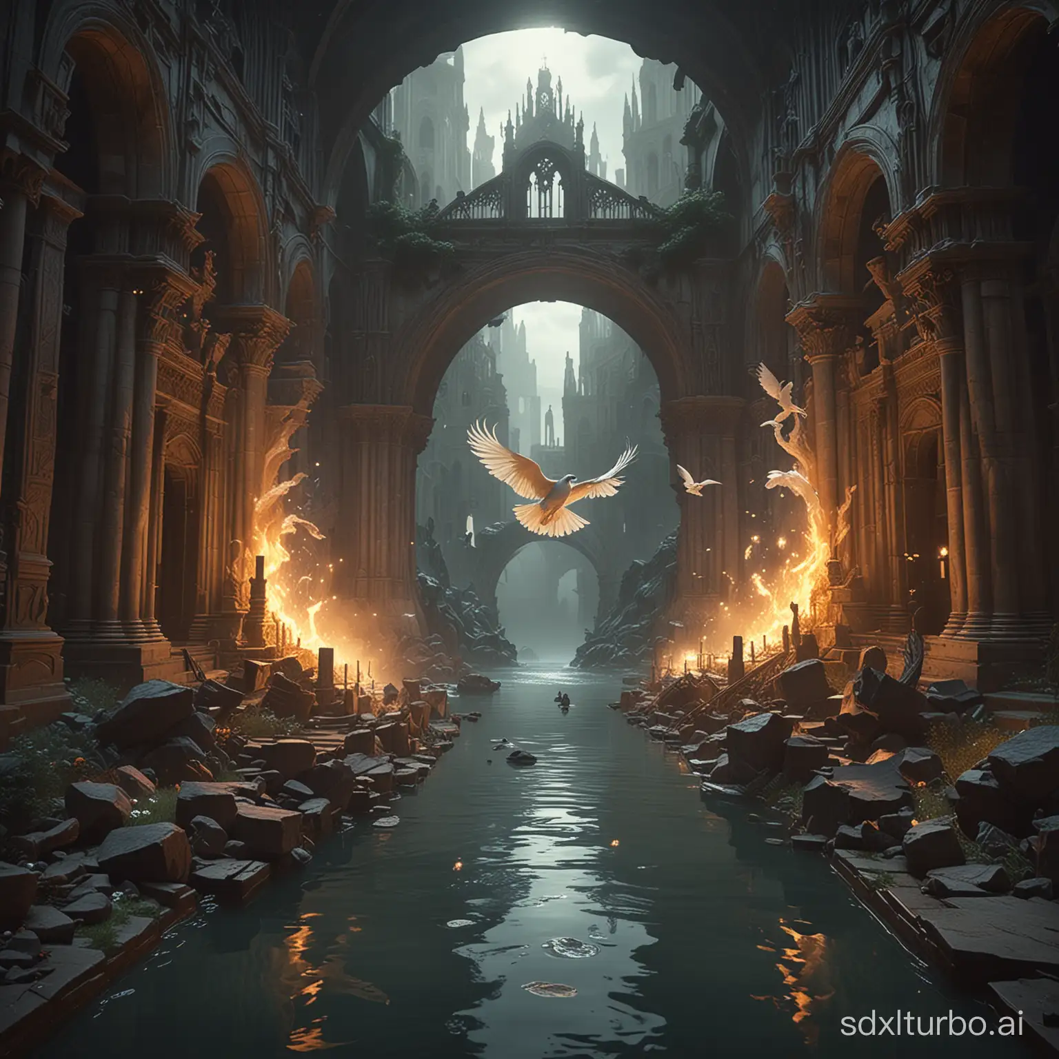 Ethereal-White-Death-Rite-Bird-Soars-Over-Styx-River-Amidst-Roman-Relics-and-Gothic-Cathedrals