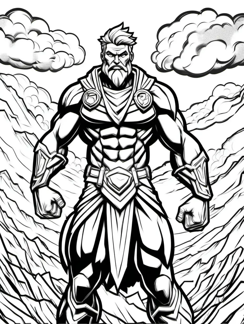fortnite style superhero in zeus style. For coloring book. Thick outlines, black and white, no shading, white background