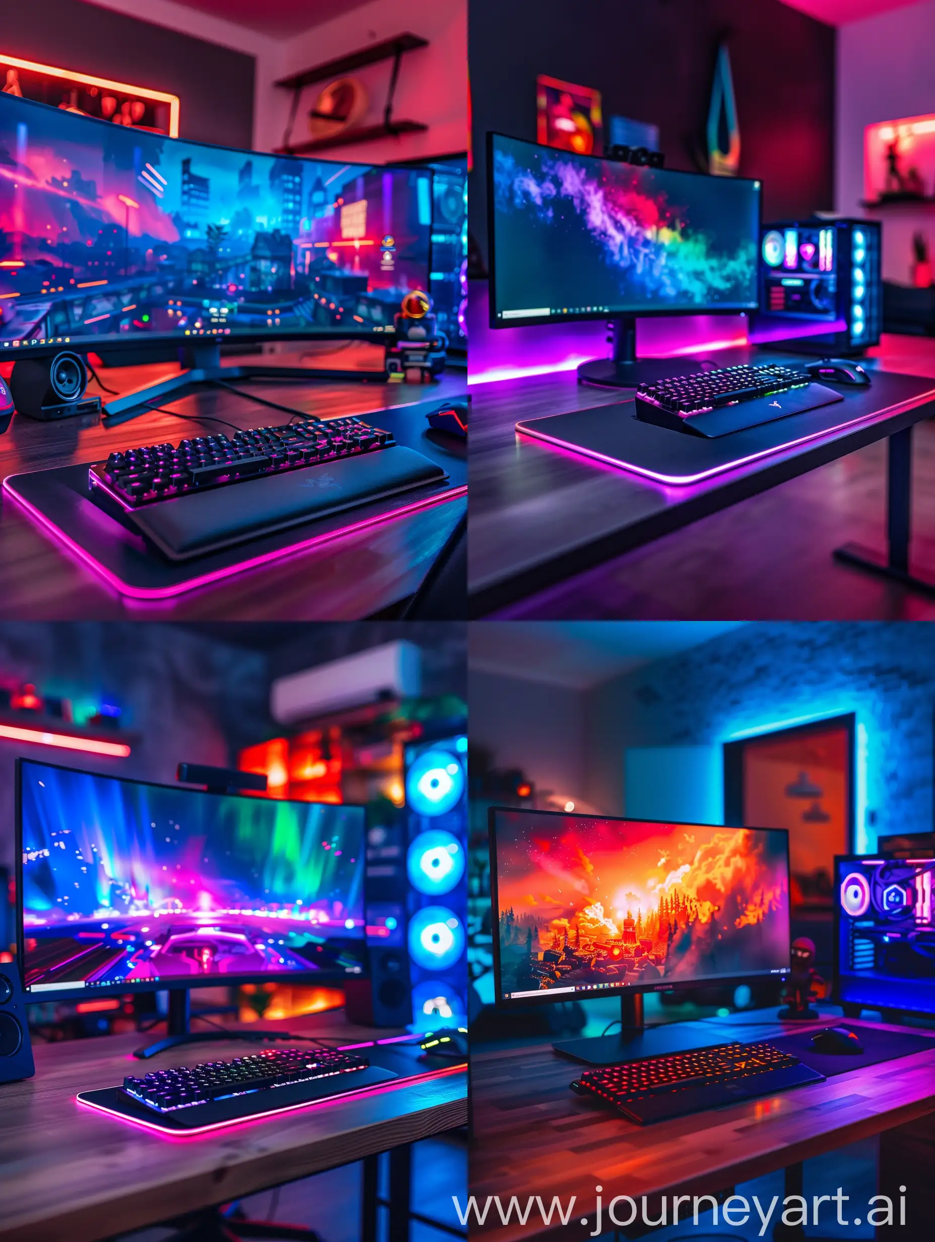 Bild aus der Perspektive des Tisches, im Hintergrund ein dunkles Zimmer mit RGB-Beleuchtung, Großer Gaming-Monitor und Tastatur auf dem Tisch 
