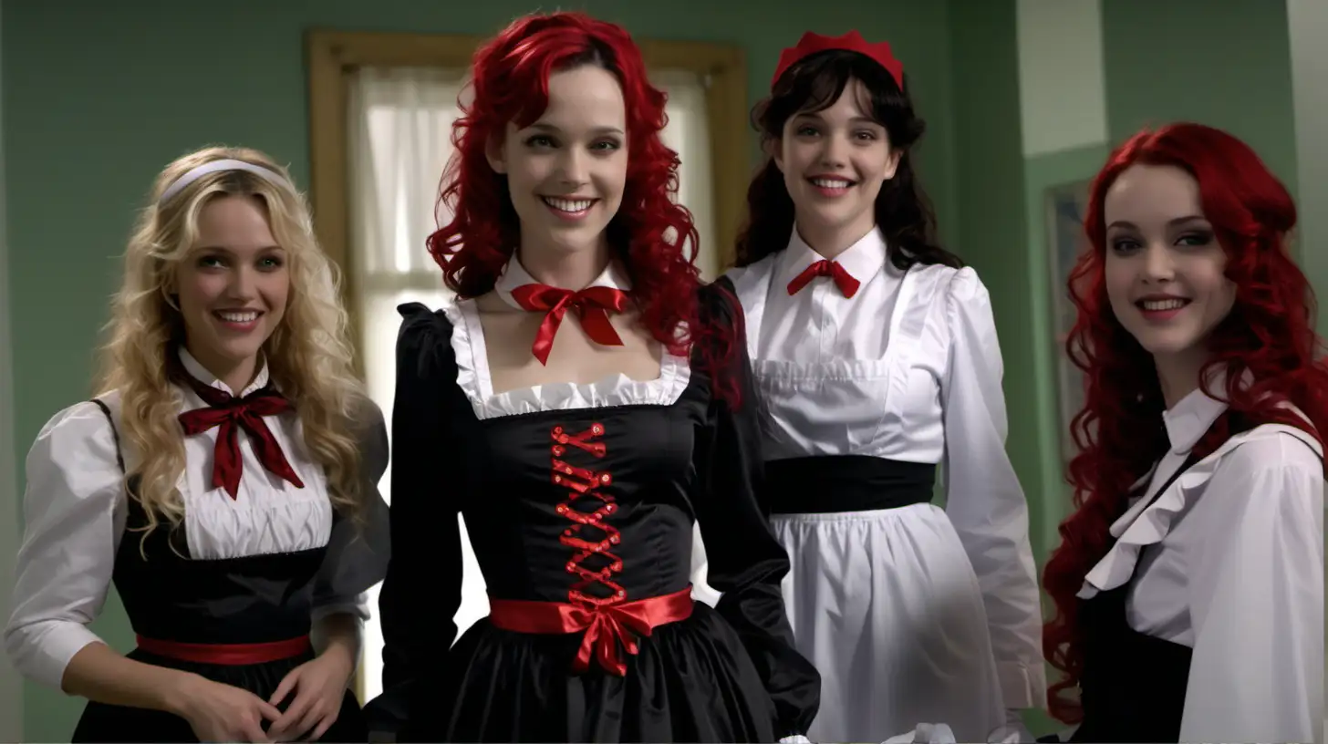 girls in long crystal silk satin red black,lila retro victorian maid gown with white apron and peter pan colar and long sleeves costume and milf mothers long blonde and red hair,black hair rachel macadams  smile in kingdom hospital