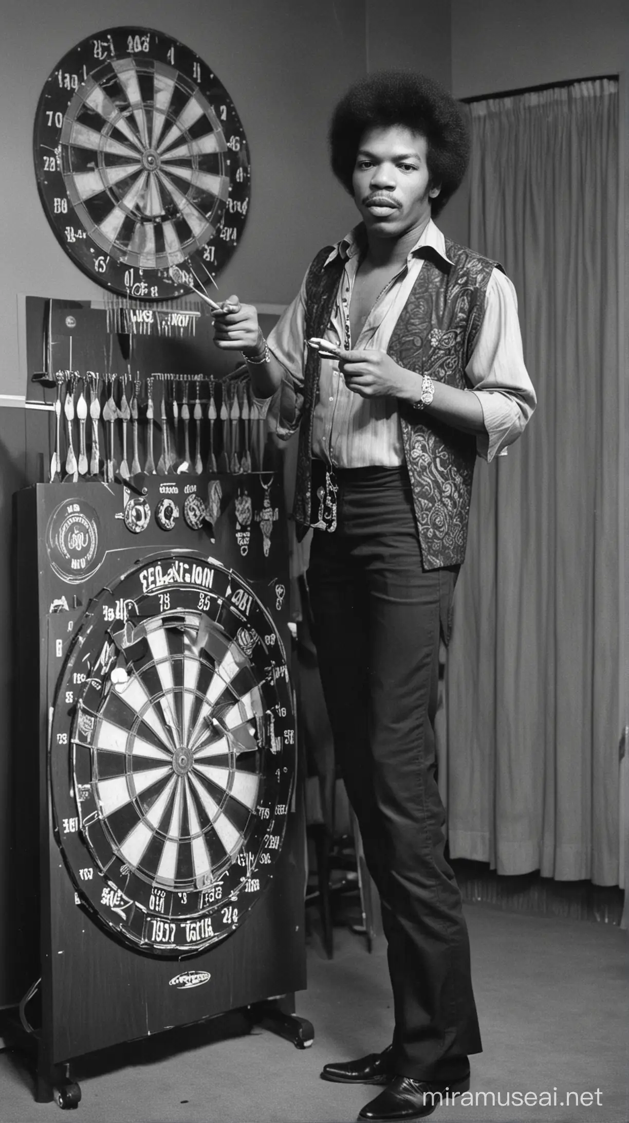 Jimi Hendrix Playing Professional Darts Legendary Guitarist Engages in Dart Throwing Competition
