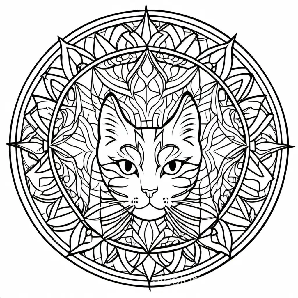 Cat mandala , Coloring Page, black and white, line art, white background, Simplicity, Ample White Space. The background of the coloring page is plain white to make it easy for young children to color within the lines. The outlines of all the subjects are easy to distinguish, making it simple for kids to color without too much difficulty