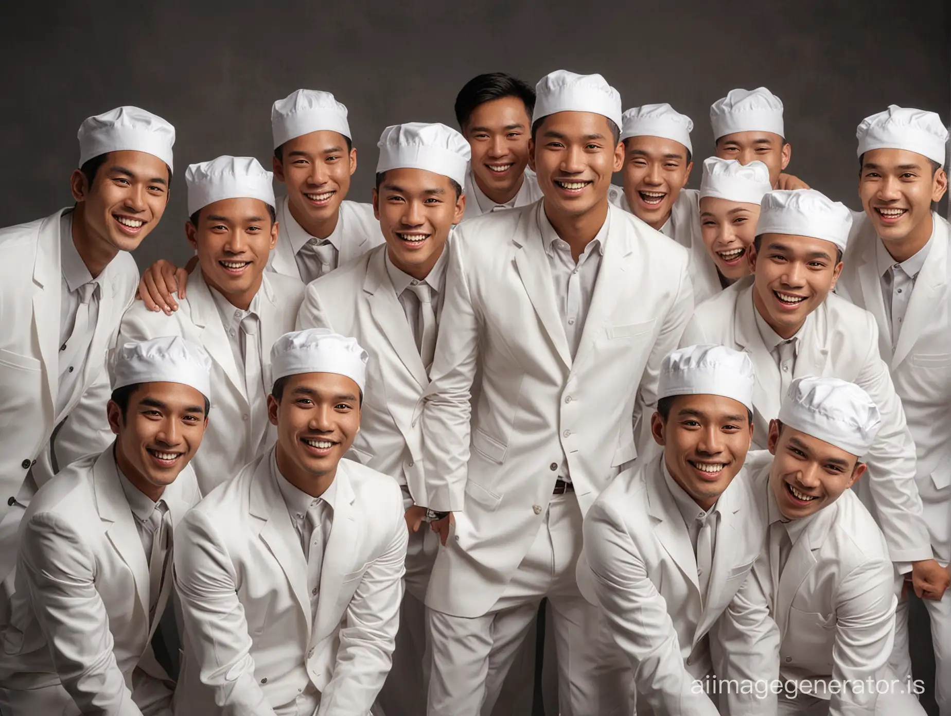 Group-of-Southeast-Asian-Men-in-White-Suits-and-Swimming-Caps-Smiling-Happily-in-Studio-Portrait