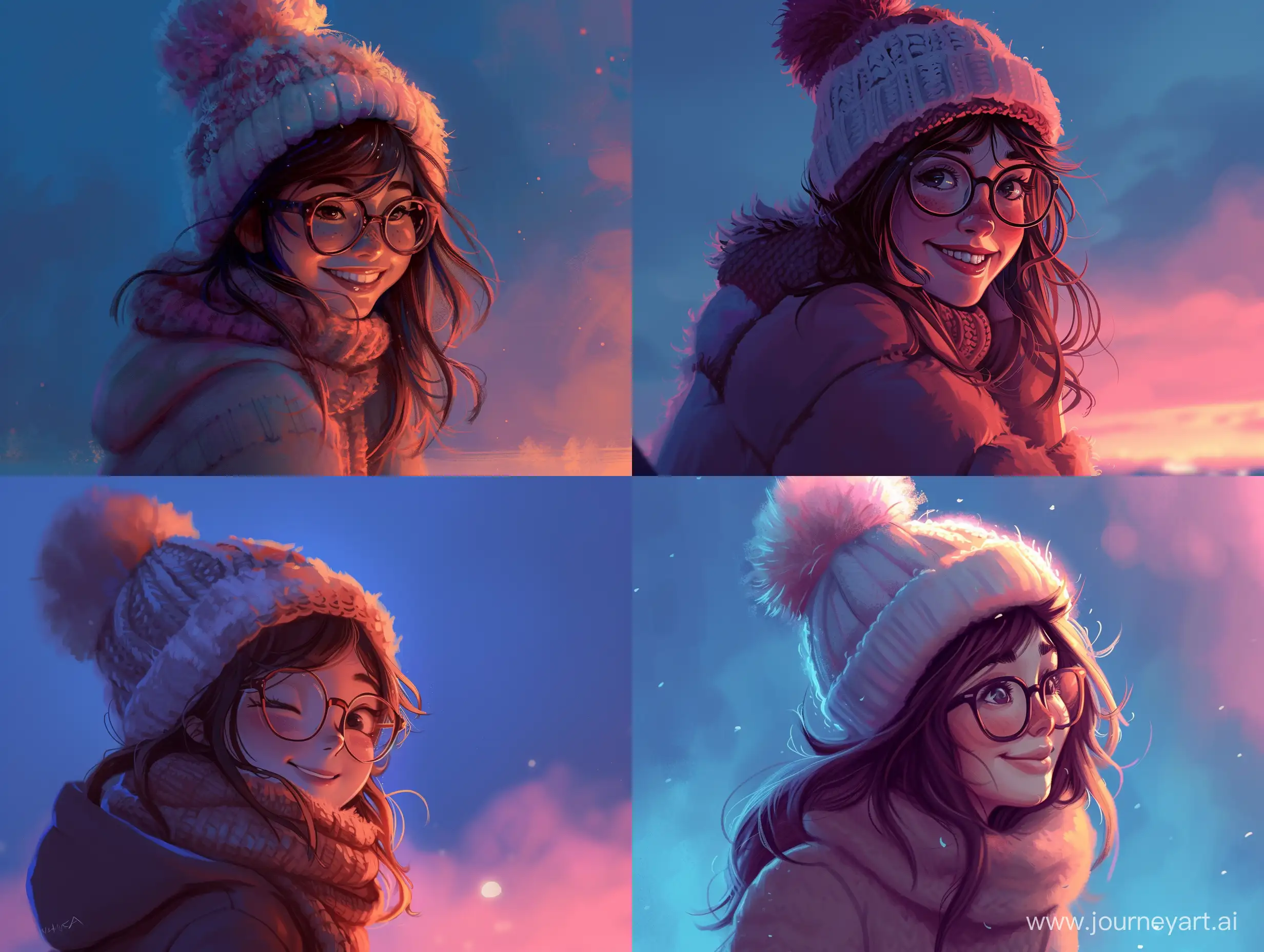 In the picture, we see a cute, sexy girl with a smile and wearing glasses and a warm winter hat. She sits half-turned and looks to the right of us. She is in a cozy atmosphere, resembling a cafe or a cozy evening at home. The lighting creates a soft and warm light, emphasizing the comfort of the scene. Her face is softly lit by a pinkish-blue light against the dark blue sky. --v 6 --ar 4:3 --no 30592