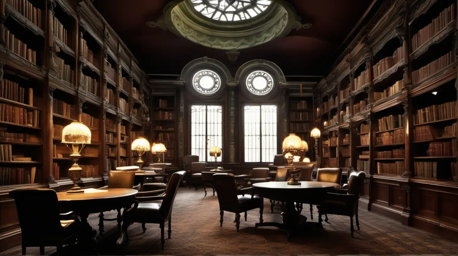 Elegant Victorian Library Interior with Leather Armchairs and Reading Tables