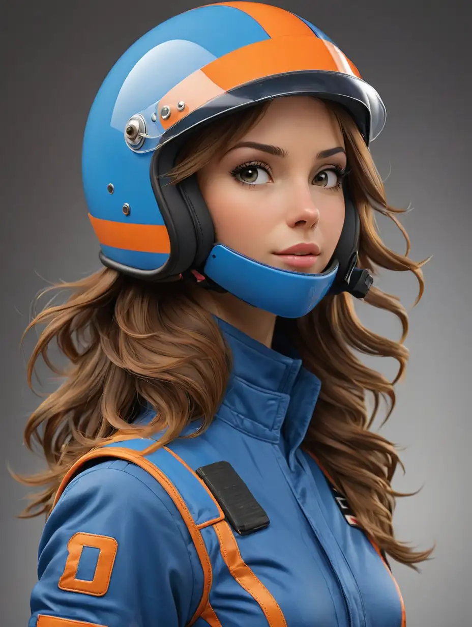 Female Race Car Driver with Blue Helmet and Orange Stripe