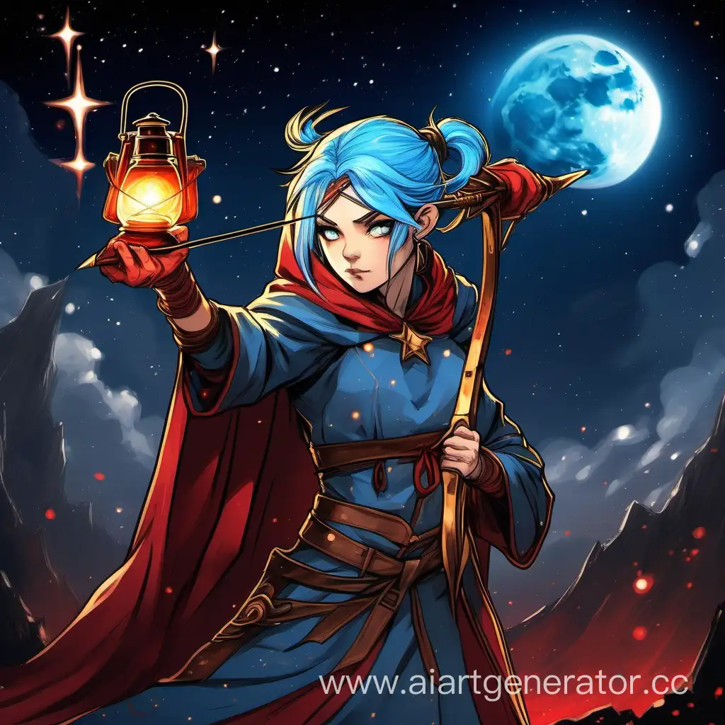 Draw a Star Archer without armor in a cloak with cast blue hair Gathered in a ponytail in one hand a Star bow in the other an oil lantern so that she looks furiously into the distance against the background of the Blood Moon