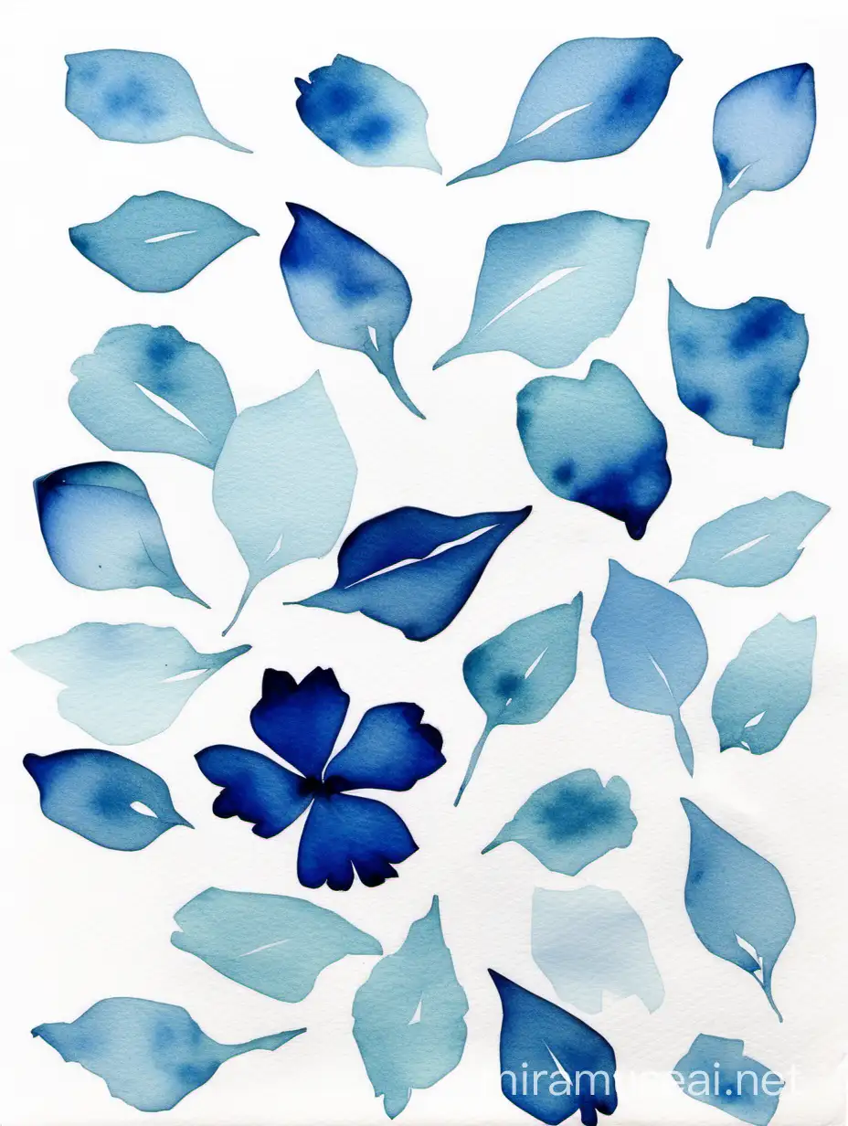 watercolor light loose blue petals spread out laying down on a white background