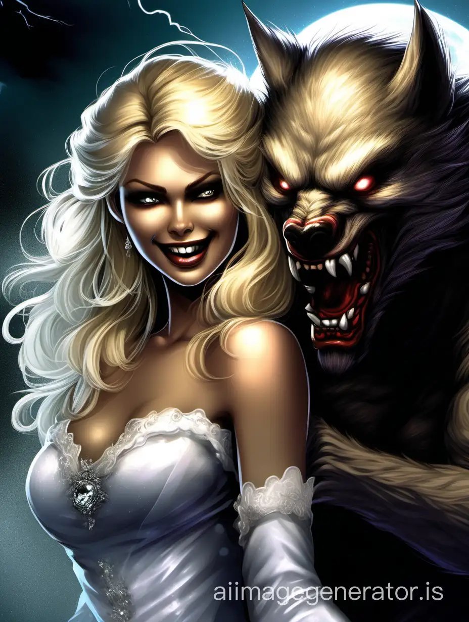 werewolf bride blonde hair, smirk on her face, riding a big werewolf, emotions, dynamics, eye shine, gloss, 32k