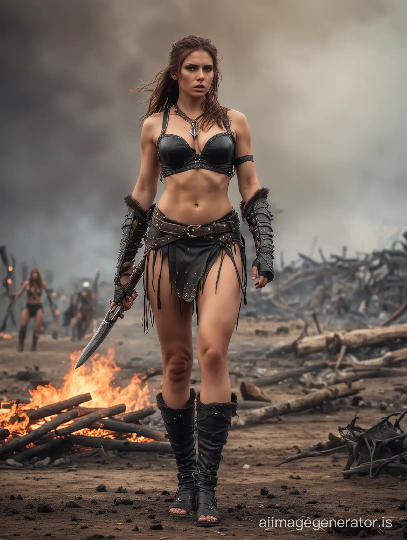 Scantily clad female barbarian young woman standing alone on the battlefield, skimpy outfit, Chaos and fires