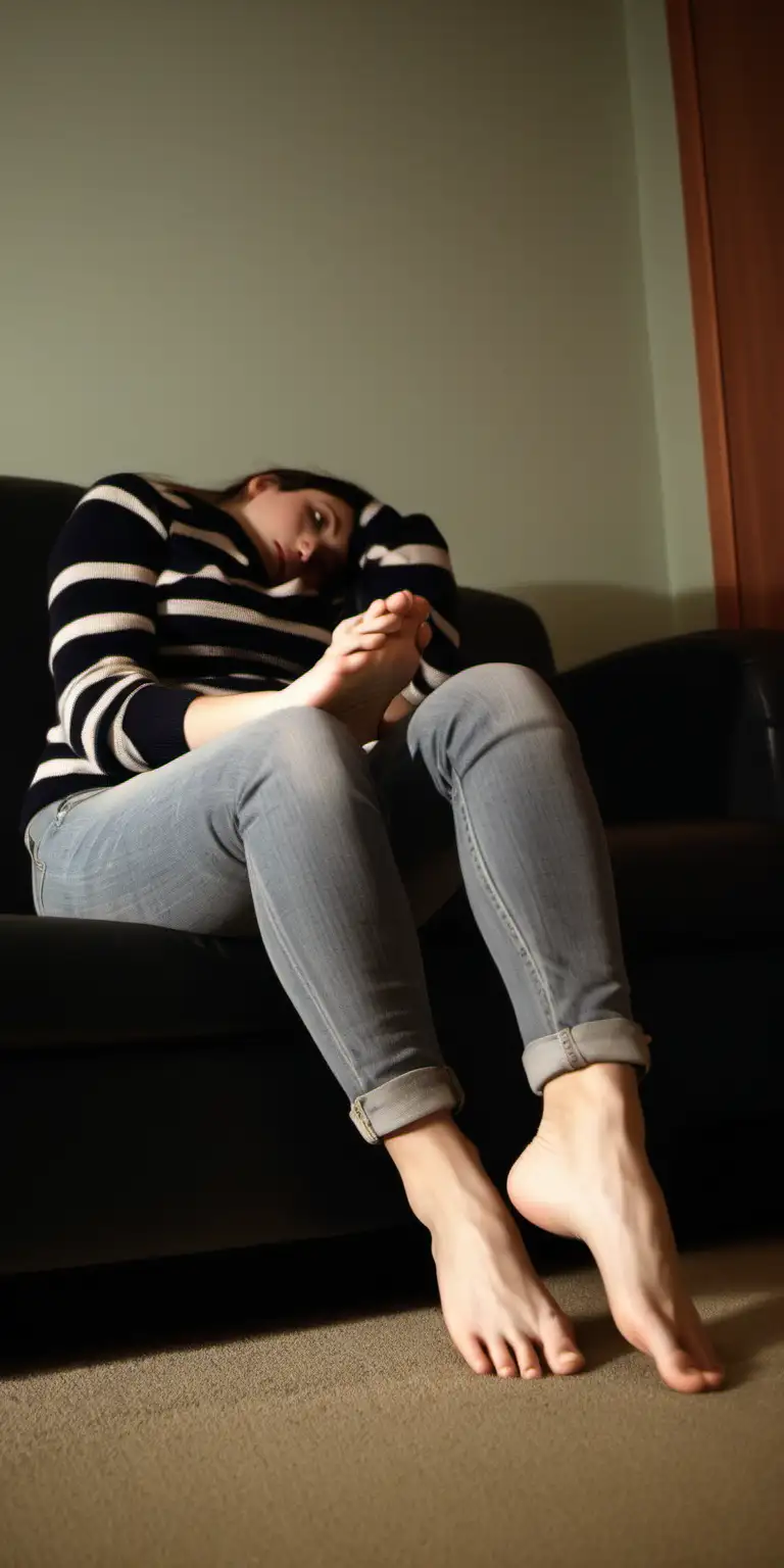 Die 28-jährige Frau sitzt aufrecht auf der Couch im Partyraum, ihre graue Jeans reicht bis zu ihren Knöcheln, und der schwarz-weiße Pullover umhüllt sie sanft. Doch trotz ihrer Bemühungen, ihre Barfüßigkeit zu verbergen, sind ihre Fußsohlen deutlich sichtbar.

Das warme Licht im Raum streicht über den Boden und enthüllt die zarten Konturen ihrer Fußsohlen, die sich auf dem Stoff der Couch abzeichnen. Die Schatten spielen über die sanften Linien ihrer Füße, während sie sich unruhig auf der Couch hin- und herbewegt, ein leichtes Erröten auf ihren Wangen verrät ihre Verlegenheit.

Trotz ihrer Bemühungen, sich unauffällig zu verhalten, können die Gäste im Raum gelegentlich einen Blick auf ihre nackten Fußsohlen erhaschen. Die Frau fühlt sich unbehaglich und wünscht sich, dass sie ihre Füße diskreter verbergen könnte, aber das warme Licht des Raumes scheint sie geradezu zu betonen.

Inmitten des fröhlichen Treibens der Party kann sie nicht verhindern, dass die Aufmerksamkeit auf ihre nackten Füße fällt, und das Bewusstsein darüber verstärkt ihr Gefühl der Verlegenheit. Dennoch versucht sie, sich zu entspannen und den Moment zu genießen, in der Hoffnung, dass ihre Fußsohlen bald aus dem Fokus der Aufmerksamkeit verschwinden werden.
